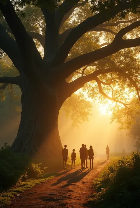 The spirit, now at peace, begins to fade away into the night. The banyan tree, once dark and menacing, is now bathed in a soft, warm glow as the first light of dawn breaks through the branches. The teenagers watch in awe as the spirit disappears, leaving b...