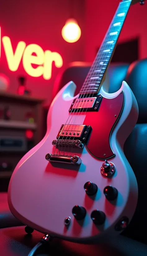 Create a smartphone wallpaper of a white Gibson SG., Neon Light、(masterpiece:1.3) (最high quality:1.2) (high quality:1.1)、Cinematic Light,(Film Gain:1.4)|(VHS Video:1.2)(old analog film photography:1.4) Vintage Film (1.8), Analog camera (1.5), Film Grain (1...