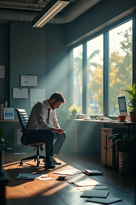 Clear, here are image prompts to illustrate the screenplay about how to handle stress in high-pressure moments:

1. **"A person in an office with dim lighting and messy papers, showing signs of stress on their face, while holding their head with their hand...