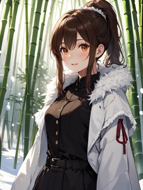 The background is a bamboo forest, The snow queen, Cute face:1.5, petite:1.5, 15 years old, long hair:1.5, pony tail, Brown Hair, uhd, masterpiece, accurate, anatomically correct, textured skin, super detail, high details, high quality, best quality, highr...