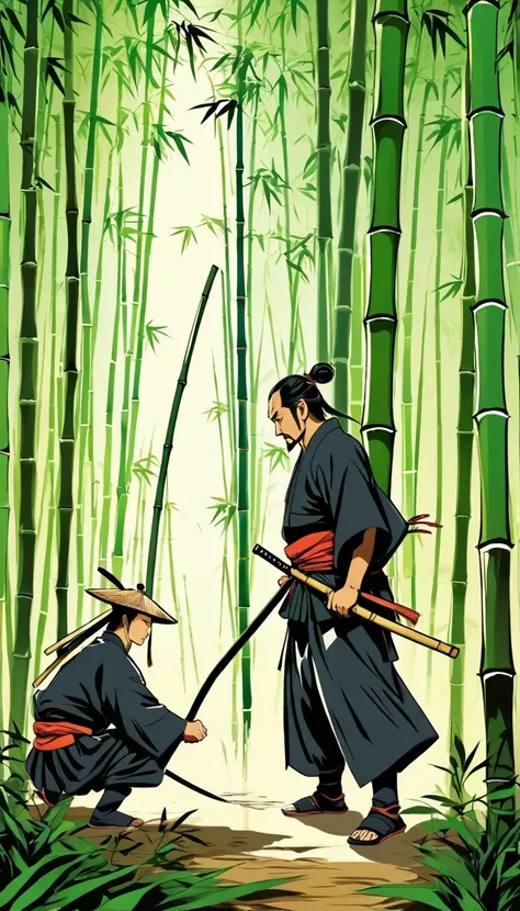 vector, color ink art, bamboo forest, ancient samurai training with katatna, cuting bamboo tree, 