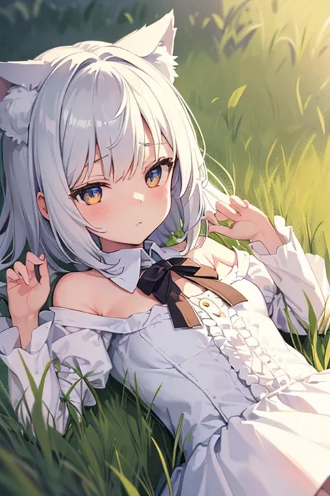 One Girl　cute　Petite　breasts are slightly larger　The legs are very thin　Wolf ears　White shorthair　lolita dress　　(((The background is inside the grass.)))　Lying on your back　Place your hands behind your head.　Embarrassed face