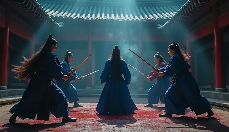 A LONG HAIRED MALE ASSASSIN, wearing traditional Korean clothing, DONGKER BLUE COLOR, holding a sword, SWORD FIGHTING WITH 4 SWORDSMEN. BLOODY BLOODY AMBIENCE.