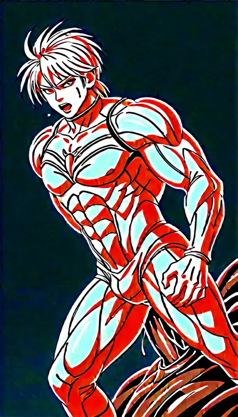 Toei animation style,(((Huge muscles))),Face the enemy,High definitionな顔,Hünkel,Handsome,good looking,((Huge penis,Anal Sex 1.7)),Crying face,Silver Hair,ejaculation,8k,High definition,Masterpiece,Detailed Description,Spike Hair,tall,Under eye paint,countl...