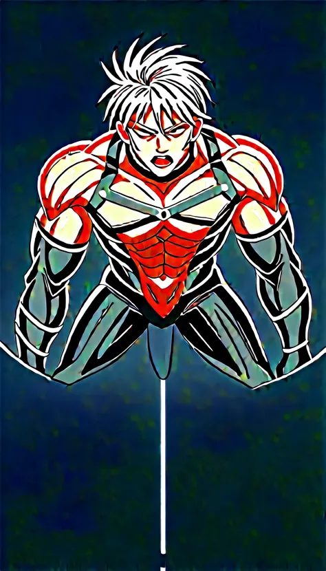 Toei animation style,(((Huge muscles))),Face the enemy,High definitionな顔,Hünkel,Handsome,good looking,((Huge penis,Anal Sex 1.7)),Crying face,Silver Hair,ejaculation,8k,High definition,Masterpiece,Detailed Description,Spike Hair,tall,Under eye paint,countl...