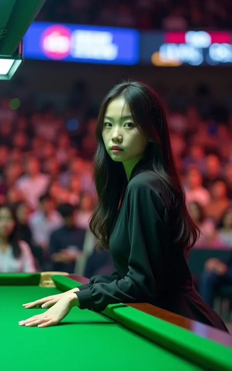 Womens Snooker，18-year-old Korean beauty，Fair skin，Focus，Billiards Masters Final Background，Professional Arena