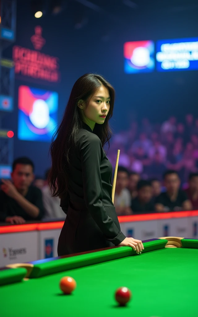 Womens Snooker，18-year-old Korean beauty，Fair skin，Focus，Billiards Masters Final Background，Professional Arena