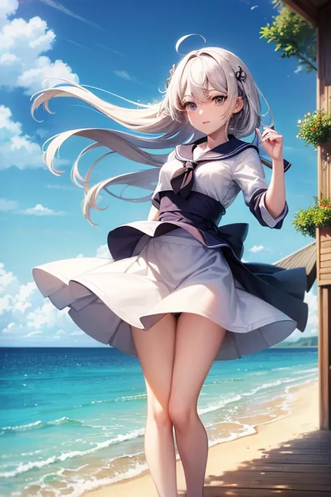 (master_piece, high_quality, beautiful, super delicate, absurdres:1.2), 1girl, mature, , beautiful face, ahoge, hair fluttering in the wind, white hair, blue eye, (long sailor suit, long skirt, The wind is blowing, Skirt flipped up, I can see your underwea...