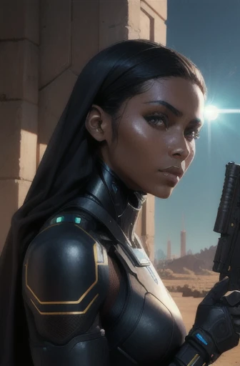 humanoid, android parts, human face, female features, middle east features, dark skin, large gun, real color photograph, futuristic elements, old building, plenty of solar light, close