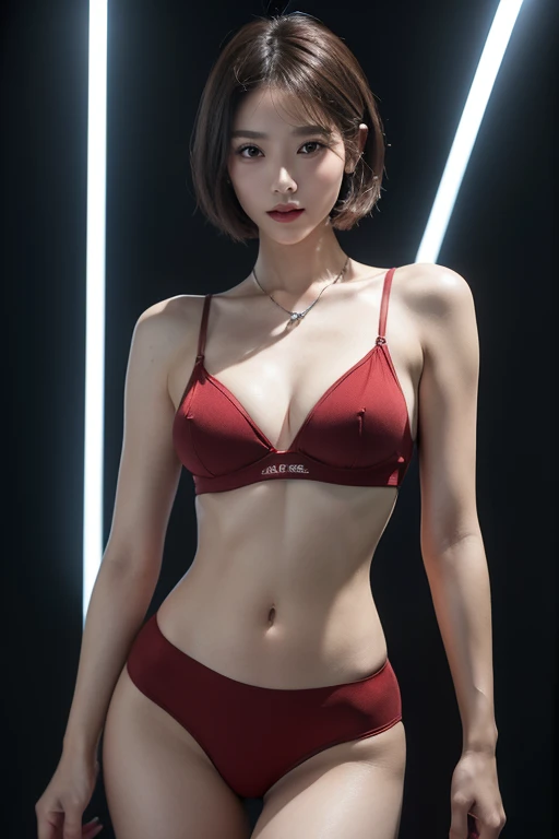 ((best quality, 8k, Real photographic expression、masterpiece: 1.3))、（(Slender figure:1.4 )）、(((Beautiful 30-year-old Taiwanese woman、charm)))、(Slender, athletic waist:1.3),(((Large Breasts)))、((Brown, short, Hair styled neatly))、((Small red underwear))、per...