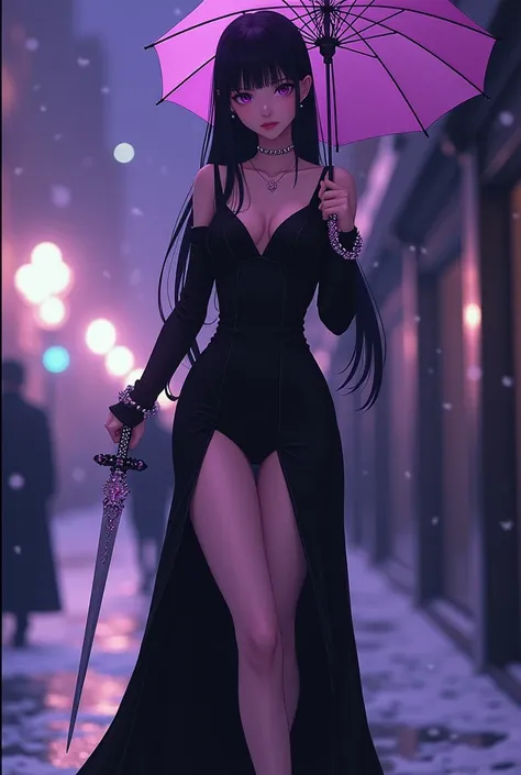 Image Color　Purple
Icon　Apple

Mibu Murasaki　Mibu Yukari purple-tinted black hair　Long hair straight。
Purple Eyes。Cut long。

A seductive beauty。She is wearing a chic and gorgeous black one-piece dress, high heels with sparkling silver and purple stones, an...