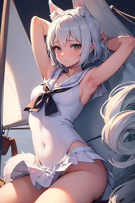 One Girl　cute　Petite　breasts are slightly larger　The legs are very thin　Wolf ears　White shorthair　Pirate costumes　(((The background is inside.　on a sailboat)))　Lying on your back　Place your hands behind your head.　Embarrassed face