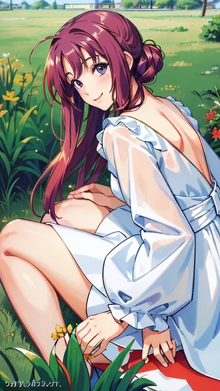 ((masterpiece, Highest quality, Highest quality, Official Art, beautifully、beautiful:1.2)),((masterpiece)),((Vibrant colors)),((Ayako Katagiri)),((幸せそうなsmile)),((smile)),((looks fun)),(White dress),(((Side bust))),(sunset)