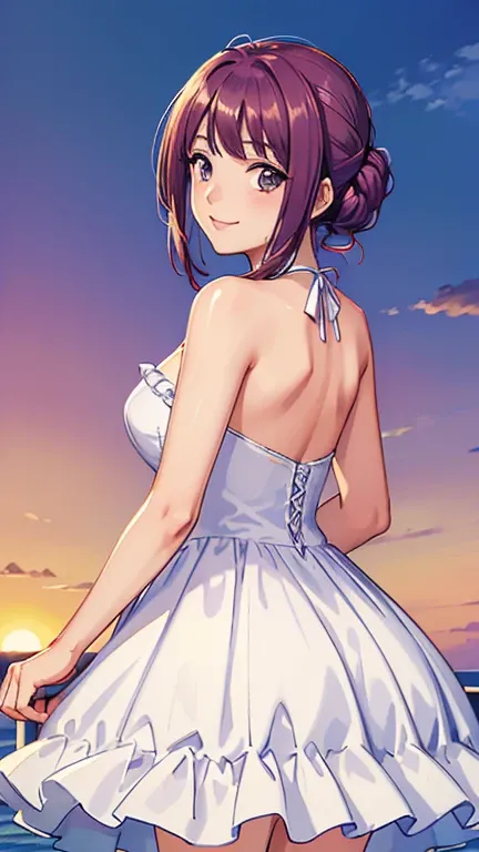 ((masterpiece, Highest quality, Highest quality, Official Art, beautifully、beautiful:1.2)),((masterpiece)),((Vibrant colors)),((Ayako Katagiri)),((幸せそうなsmile)),((smile)),((looks fun)),(White dress),(((Side bust))),(sunset),(Shoulders exposed)