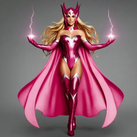 britney spears com uma fantasia rosa e uma capa, the princess of power, scarlet witch, pink iconic character, Wanda Maximoff, scarlet witch marvel, witch supervillain sorceress, scarlet witch costume, streamlined pink armor, Maya Ali as a lightning mage, N...