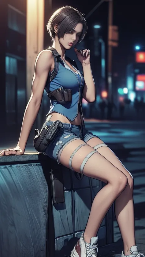 (a woman),(whole body:1.5),(front),(((jill valentine standing:1,5))),((little blue vest:1.5)),((dirty denim shorts:1.5)),((tacti...