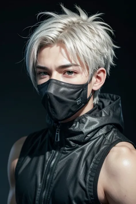 Young man with hair similar to Kakashi&#39;s, The green eyes, a beautiful smile, tall and strong with fair skin, slanted eyes but wears square black glasses. Wearing black cargo pants, white shirt and boots. It is in an open park with trees around it., on ...