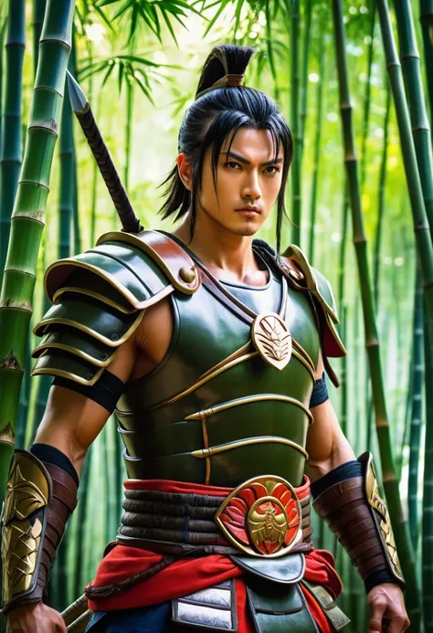 A photograph of a warrior looking at the viewer, anime screencap, full body shot, Detailed face, Perfect eyes, Perfect face, Epic fighter clothing, the background is a bamboo forest, (masterpiece, The best quality, vivid colors, Super detailed, High detail...