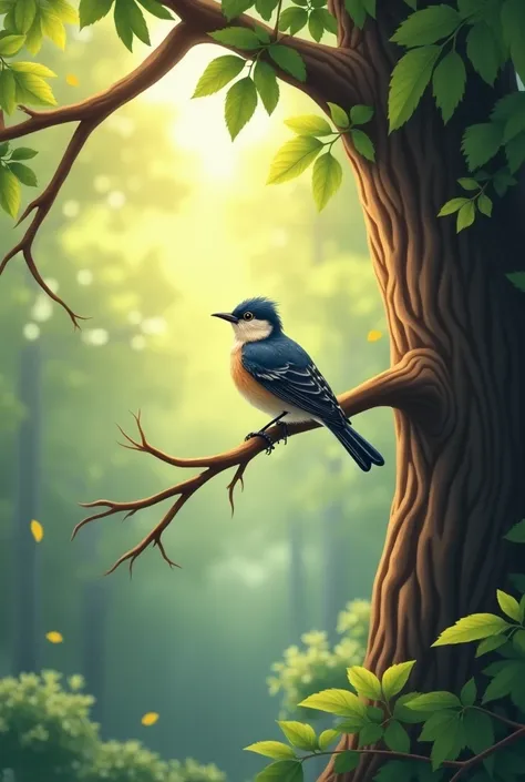 a bird on a branch of a tree in the forest, 3D style, high quality line art