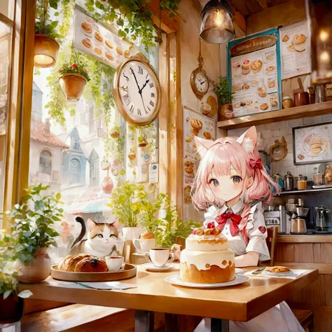 An anime character sitting at a table with a clock in the background, Cozy cafe background, Fantasy Bakery interior setting, Mysterious Coffee Shop Girl, In a bright cafe, Very Beautiful Anime Cat Girl, Fantasy Bakery, Anime cat girl in maid clothes, Cute ...