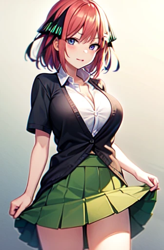 Tabletop, Highest quality, High resolution, Nakano Nino, One Girl, alone, Pink Hair, short hair, Big Breasts, Butterfly Hair Ornament, Large Breasts, Cleavage, Green Skirt, Black cardigan,White shirt, Collared shirt, Open your clothes, Black knee socks, Sh...