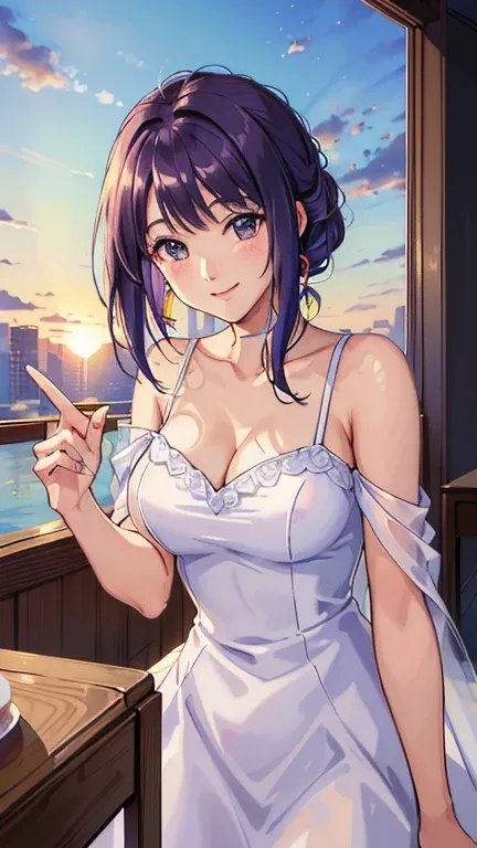 ((masterpiece, Highest quality, Highest quality, Official Art, beautifully、beautiful:1.2)),((masterpiece)),((Vibrant colors)),((Ayako Katagiri)),((幸せそうなsmile)),((smile)),((looks fun)),(White dress),(((Side bust))),(sunset),(Shoulders exposed),(See-through)