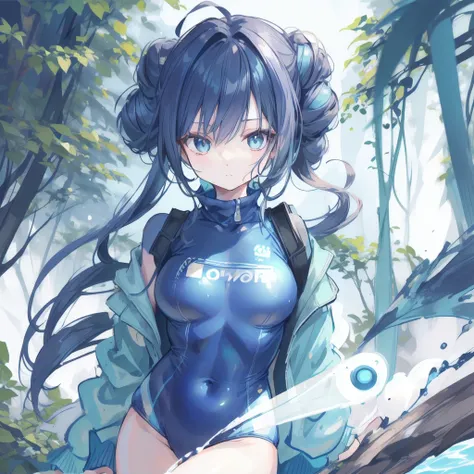 One person,Dense forest,:|,beehive hairstyle,Eye Reflexes,Casual one-piece swimsuit,Blue themed hair,