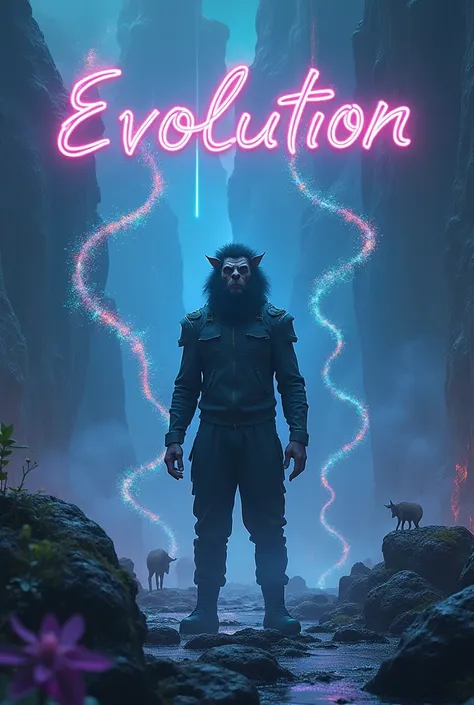 create a futuristic image that involves several small DNAs and RNAs, and with an animalistic man with a fictional knife in the photo with the name in front "evolution" in the Futura font with the color blue and purple and green

