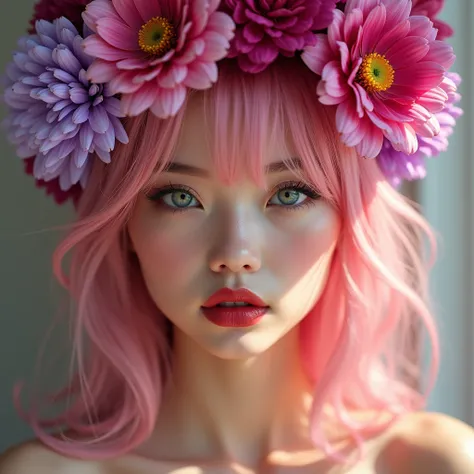 (photorealism:1.2). A beautiful realistic young woman, white grey eyes, soft round face, pink hairs, red lipstick and beautiful cute face with big flowers on head