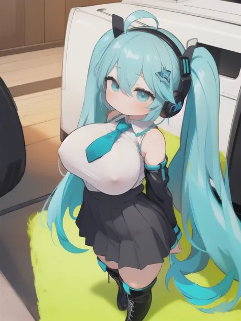 HATSUNEMIKU, miku hatsune, ahoge, aqua eyes, aqua hair, crossed bangs, hair between eyes, hair ornament, headphones, long hair, twintails,
BREAK aqua necktie, black footwear, black skirt, black sleeves, boots, collared shirt, detached sleeves, grey shirt, ...