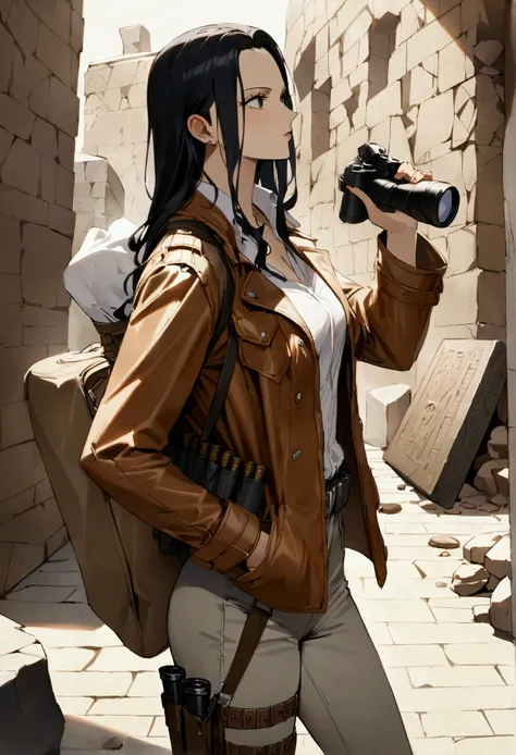 Masterpiece、Highest quality、Super detailed、Nico Robin(one piece),Archeologist、treasure hunter、Poneglyph、Stone tablet、leather coat、shirt、Ruck sack、Ammunition belt、pants、fossil、binoculars、holster、Pistol、、Combat Ready、solo、1 person、