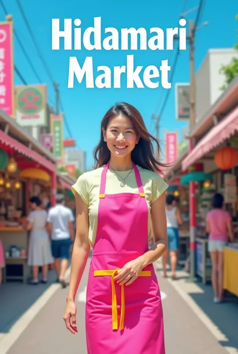 I would like you to create the following image for the campaign crew、The base apron is pink、The sash is yellow-green、Please create the text in Hidamari Market in white。