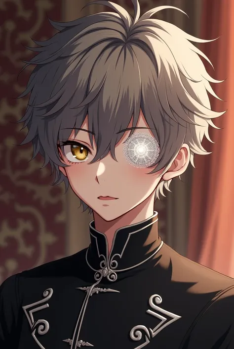 Anime boy with grayish brown hair, white patch, around the patch the stitching with the threads and in a circular shape on the right eye and with elegant royal attire in black. It needs to focus from the shoulders up.