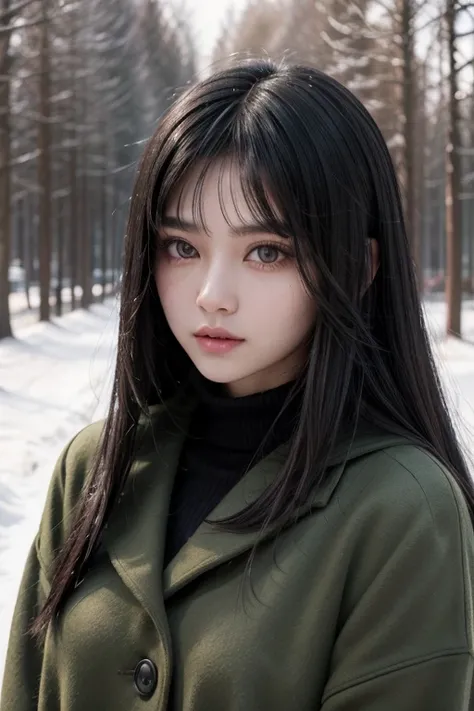 A young woman with long straight black hair, with a layered haircut without bangs, green almond-shaped eyes, semi-angular eyebrow shadow with long lashes, striking lips. In a winter setting with numerous trees around, wearing fashionable winter clothes.