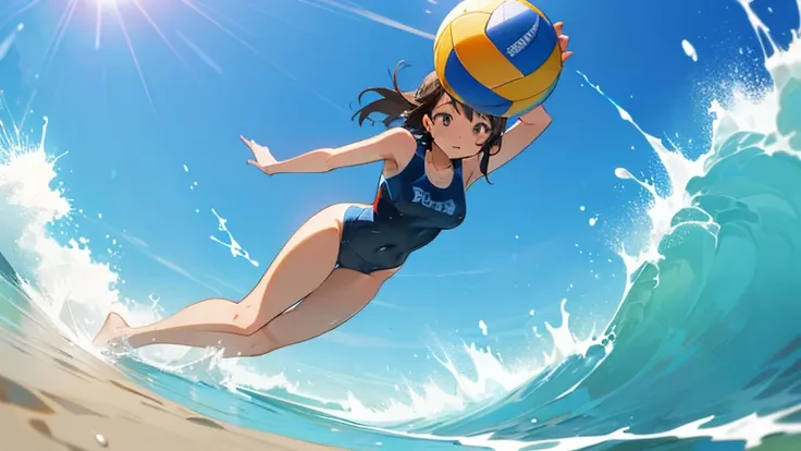 During an intense beach volleyball rally、Please draw an illustration of a woman in a swimsuit diving on the sand to catch a ball.。White waves and shining sun in the background、The passionate battles of sports are depicted。