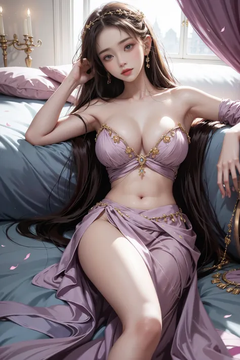 dancing diva（(Girl lying in bed))、A beautiful and moving woman, in an elegant pose, her full breasts on display.，Visible cleavage，The skirt is short, Sexy long legs，Variety of slim and cute beauties, Her long hair cascades down her shoulders like a waterfa...