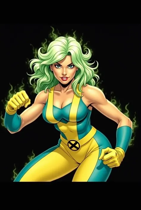 Lorna Dane, polaris x-men, (attack pose:1.4), (busty and voluptuous body), (naked arms), (green thick wavy long hair:1.4), (huge breast:1.6), wearing a blue costume, big yellow in the chest and stomach, with yellow xmen belt, blue glowes, yellow boots, (sh...