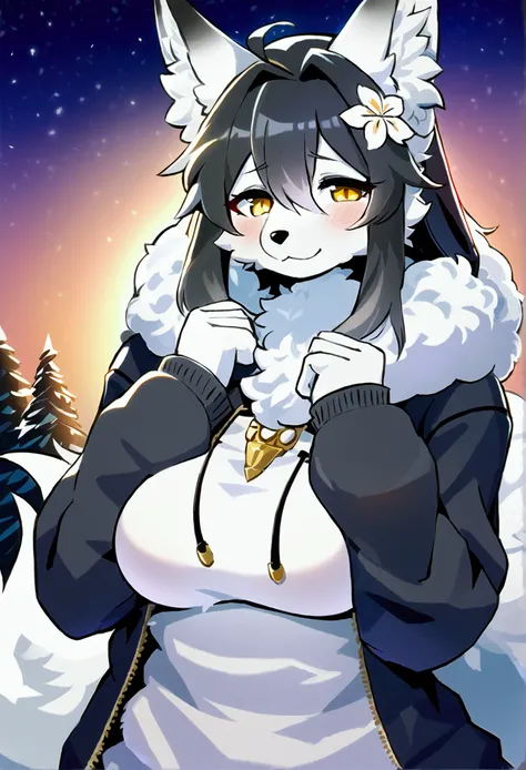 top quality, best quality, High-quality illustrations, masterpiece, 16k, 1080p, uploaded on e621)(kemono, furry, anthro, alone), round, 1 female, hot mother figure, very detailed body face and eyes, white fox, Tiare, (Alchemy Stars), white fur, fluff, big ...