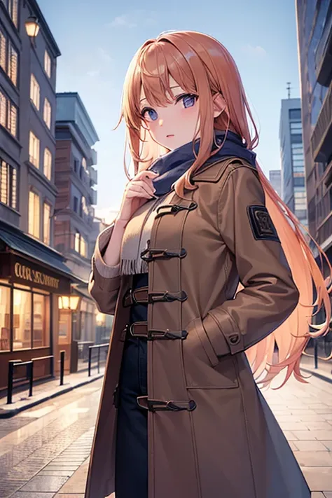 (Highest quality), (masterpiece), (Ultra-high resolution),  , Strawberry Blonde, long, Duffle coat , Winter scarf, City, winter, ((It&#39;s snowing)), (illumination), ((night))