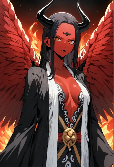 Masterpiece、Highest quality、Super detailed、Nico Robin(one piece),Hanahana fruit、Devil&#39;s Child、Red skin、Wings made of extra arms、Devil&#39;s Red Wings、Sharp Fangs、Black Horn、Black Haori、White floral kimono、Tornado of Fire、solo、1 person