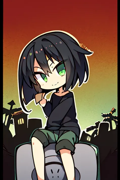 Perfect face. Perfect hands. A black haired boy with green eyes in shorts and Gothic t-shirts is sitting on a tombstone with a big smile