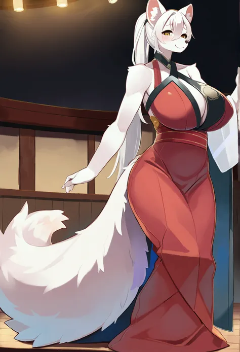 top quality, best quality, by mumu202, High-quality illustrations, masterpiece, 16k, 1080p, uploaded on e621)(kemono, furry, anthro, alone), round, 1 female, hot mother figure, very detailed body face and eyes, white ferret, Hanazono Chiyuki, (Sdorica), wh...