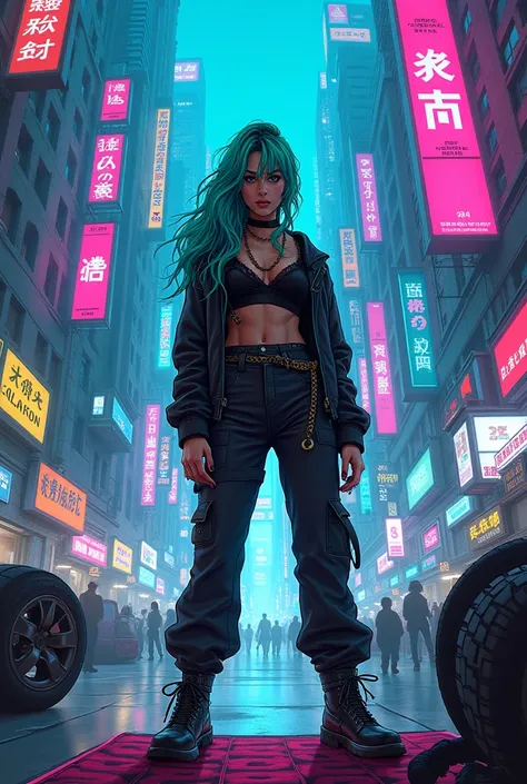 Judy Álvarez from cyberpunk 2077, futuristic cyberpunk style apartment on background, 2D DRAWING, 2D ART