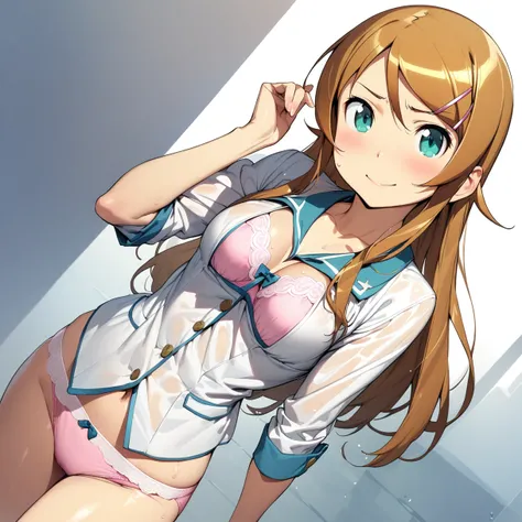 (masterpiece),(Highest quality),(Very detailed),(Best illustrations),(Best Shadow),(so beautiful),(Kirino Takasaka),(White background),kirino kousaka,Blonde,Long Hair,Hair Clip,Green Eyes,bangs,whole body,uniform,solo,slender,Embarrassed,smile,Pink underwe...