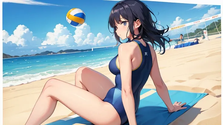 On the sandy beach volleyball court、Please draw an illustration of a woman in a swimsuit with a serious look on her face as she plays a game.。She hit the ball back with force.、The blue sea and sky spread out in the background.。