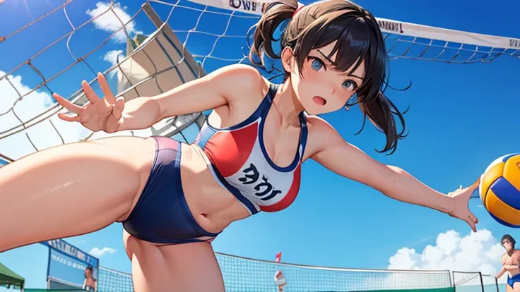 During a beach volleyball match、Draw a woman in a swimsuit about to jump and hit a spike.。Her concentrated expression and dynamic movements、Feel the tension and excitement of the match。