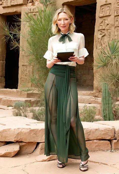 (sag)cate blanchett, age 25, age 25, british expedition hat, sheer white top tied above belly, sheer green dress, no underwear, ...