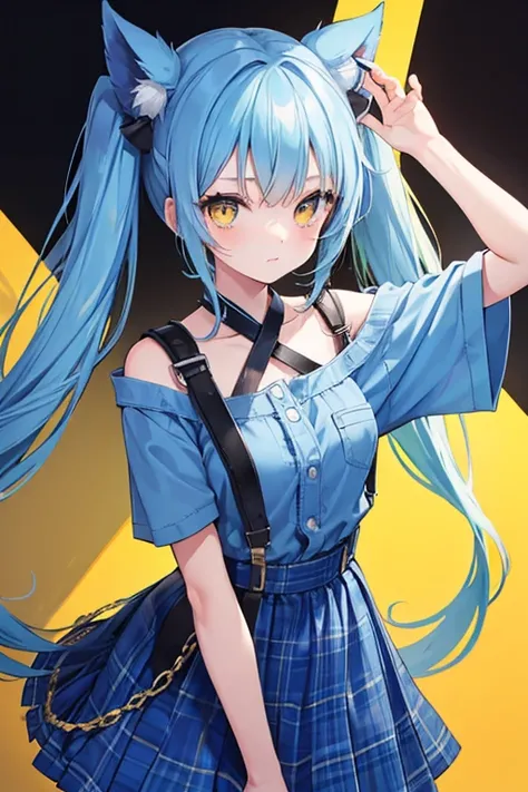 A beautiful girl with blue hair, twin tail, yellow eyes