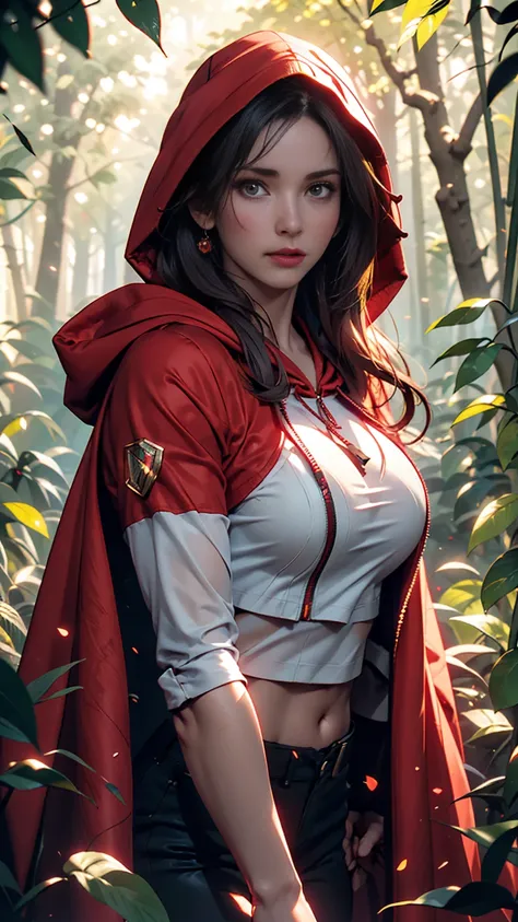 Close-up portrait of New Lara Croft in the forest, (Backlight), Realistic, masterpiece, Highest quality, ((Red hooded cloak)), ((Scared )), Lens flare, Shadow, bloom, (( Flash of light)), [chromatic aberration], by Jeremy Lipking, by Antonio J. Manzanado, ...