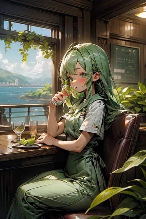 cute anime girl, holding a glass filled with green plant cells, restaurant with sea view
